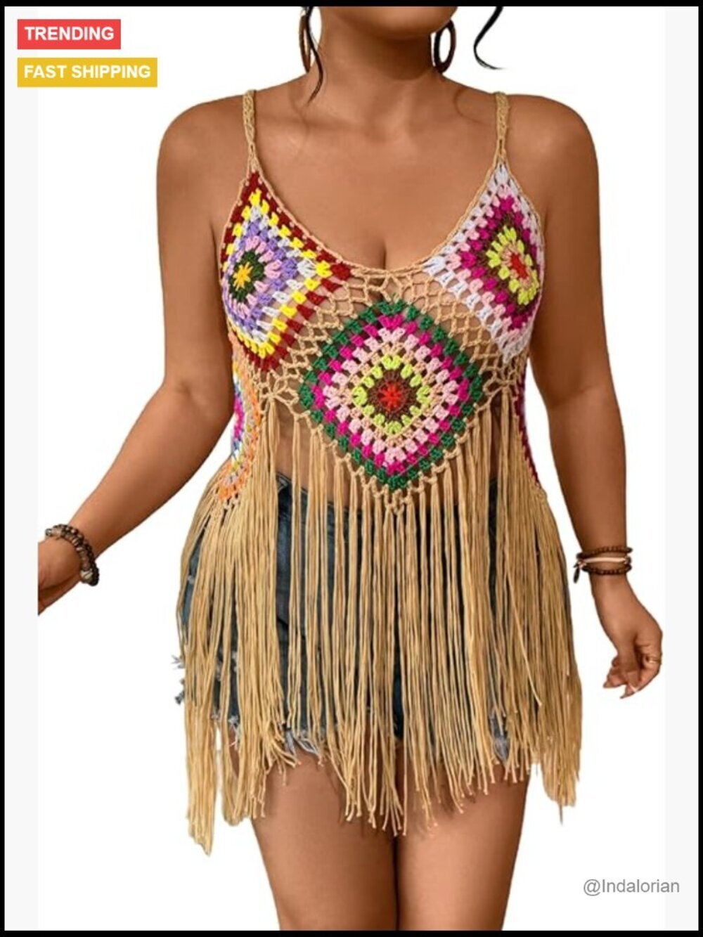 Floral Crochet Cami Top Boho Hollow Out Fringe Sleeveless Cover Up